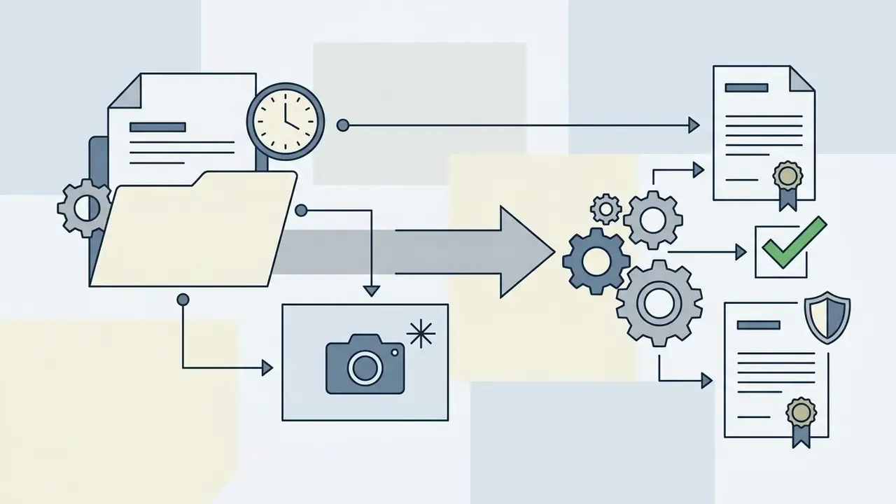 Folder and camera icons feeding into a gear process that generates stamped and verified documents