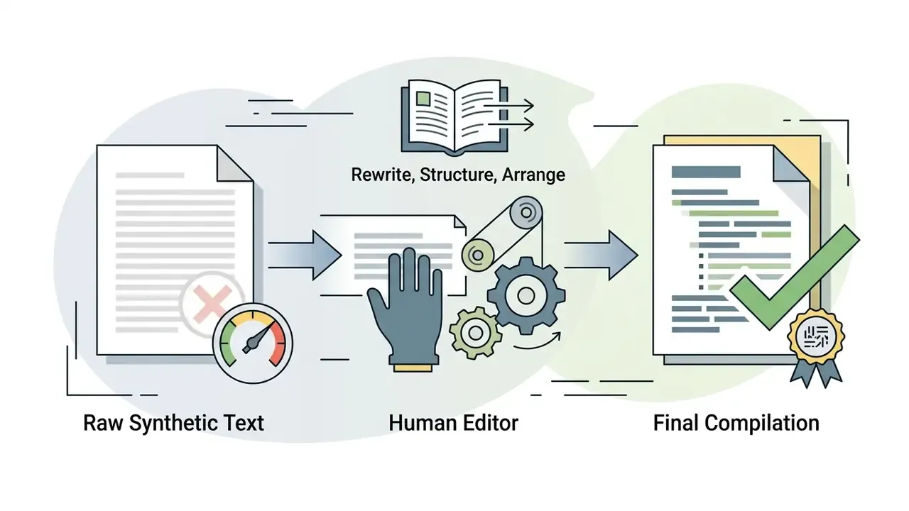 Three-stage workflow transforming raw synthetic text through human editing into a final approved document