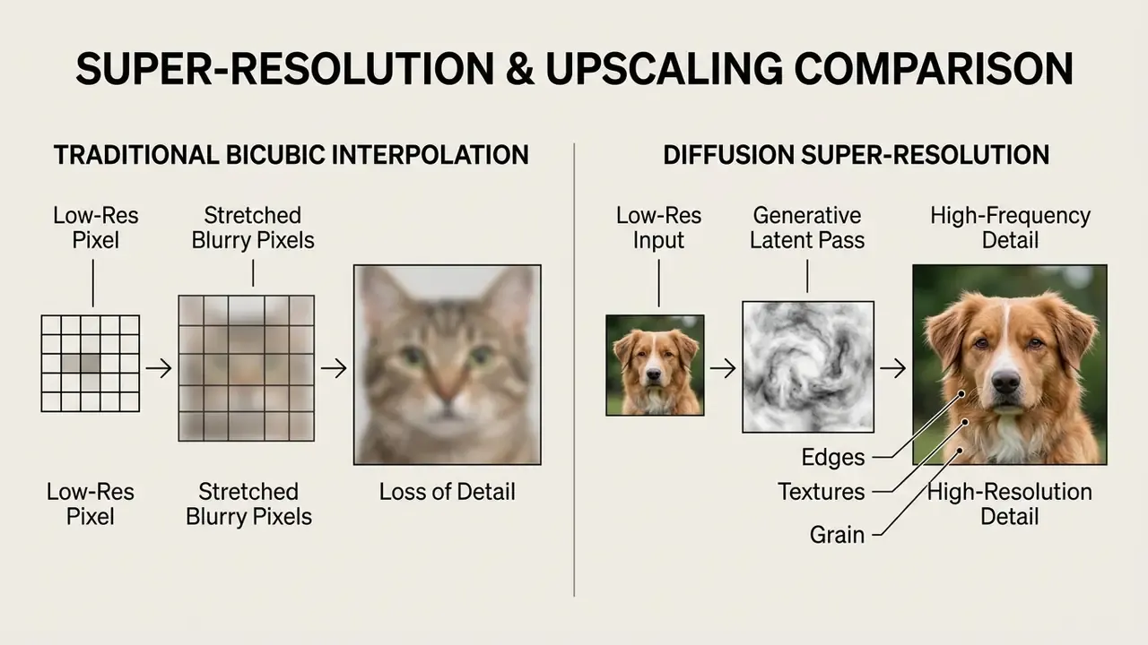 Comparison between traditional bicubic interpolation causing blur and diffusion upscaling adding detail