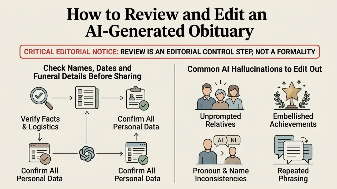 Flowchart outlining editorial steps for verifying facts and identifying common errors in memorial drafts
