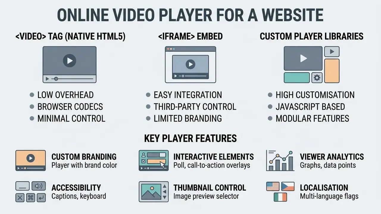 Comparison of native HTML5 tags, iframe embeds, and custom JavaScript libraries with key player features