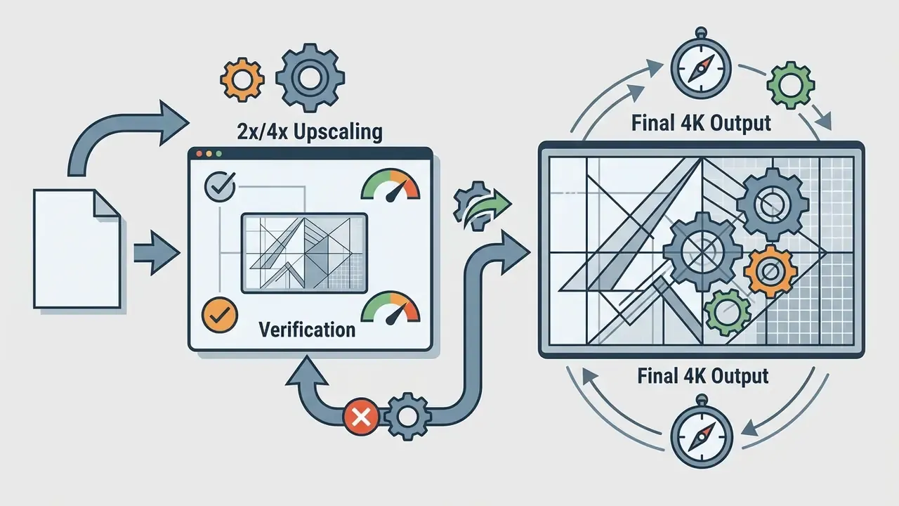 Process showing an initial verification stage before proceeding to final 4K resolution output