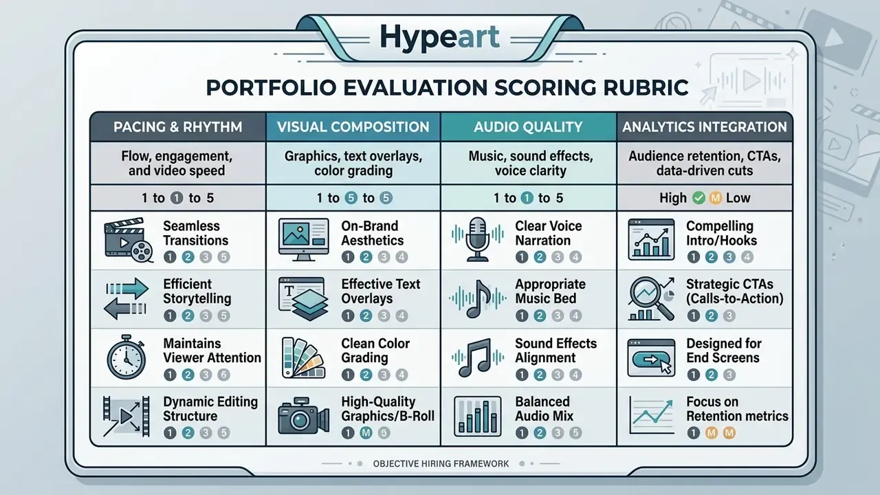 Four-pillar scoring rubric table for evaluating video editor portfolios based on technical criteria