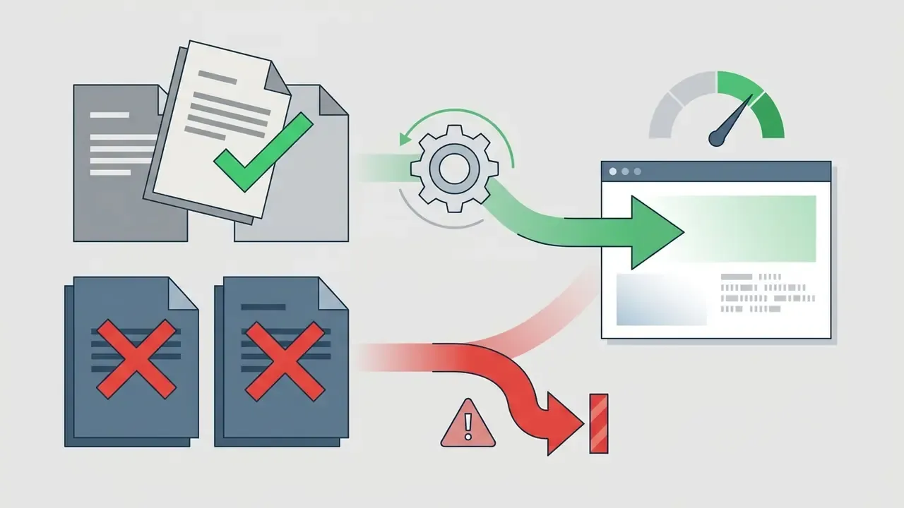 Documents with checkmarks moving through a gear into a dashboard while restricted files are blocked