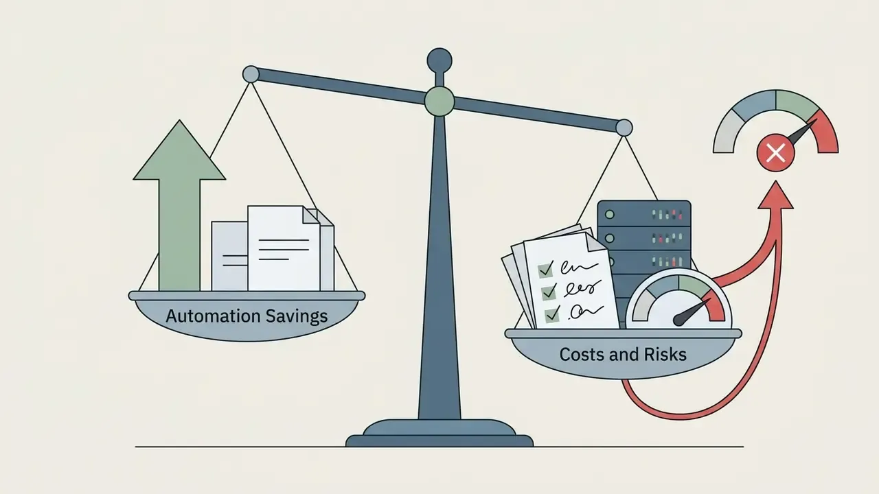 Balance scale weighing automation savings against the costs and risks of AI agent implementation