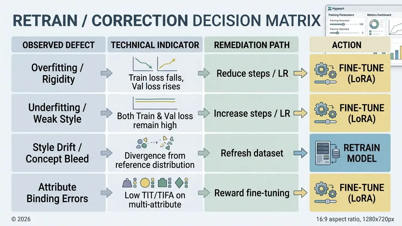 Matrix mapping model defects to technical indicators, remediation paths, and specific corrective actions