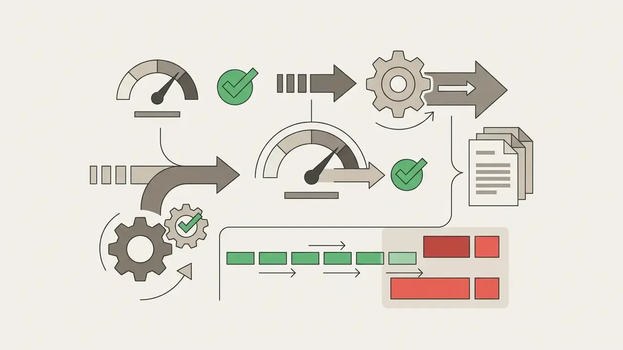 Diagram of speed gauges and gears connecting to a video timeline with green and red blocks