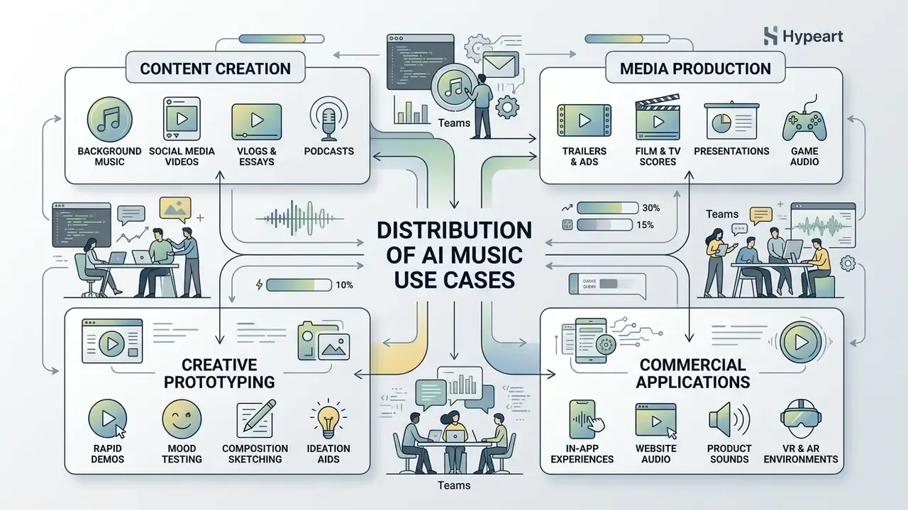 Diagram showing various practical categories and industry applications for AI music generator use cases