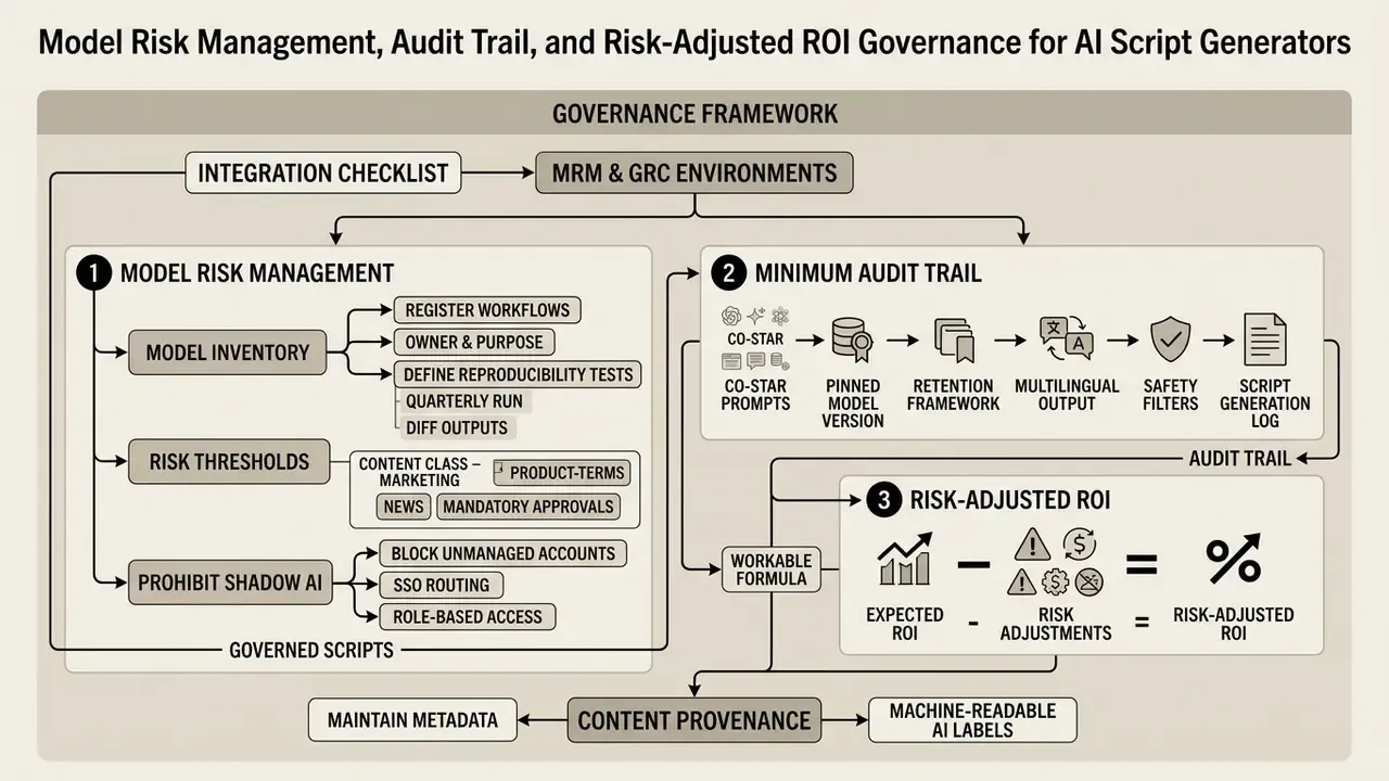 Governance framework for script generator AI detailing model risk management, audit trails, and ROI formulas