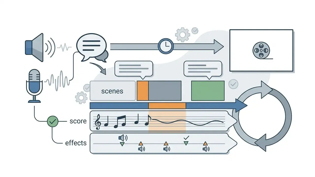 Audio inputs and visual scene tracks aligned on a timeline to synchronize music and sound effects
