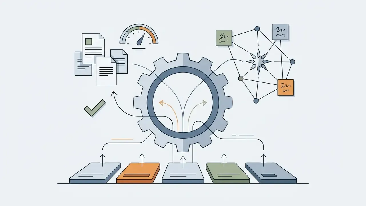 Gear processing document files and data nodes into organized output reports