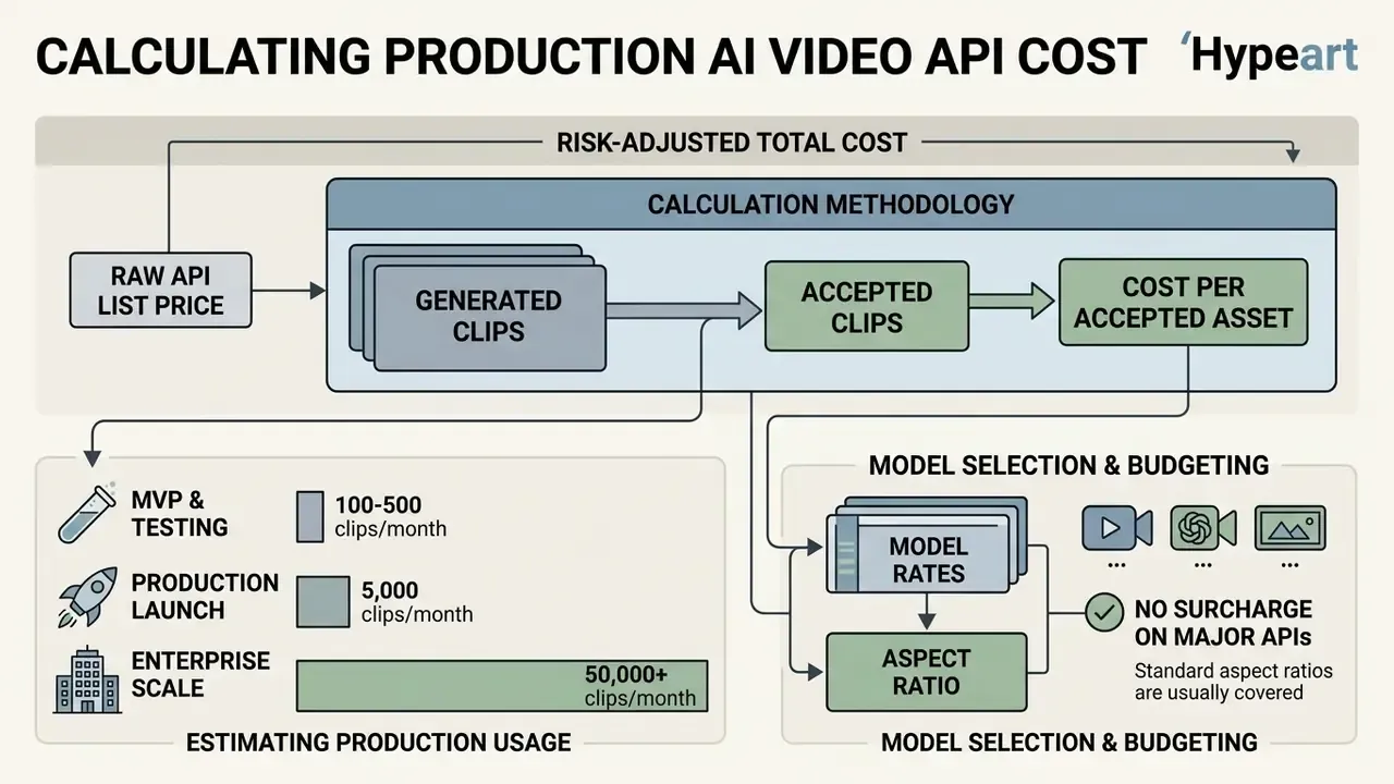 Diagram detailing a risk-adjusted methodology for calculating total cost per accepted AI video asset