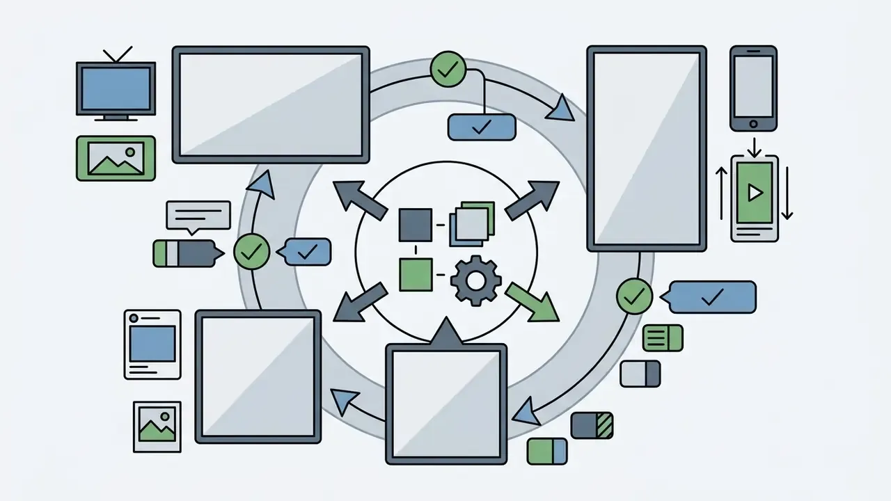 Circular process showing video frames being adapted for different screen sizes and aspect ratios