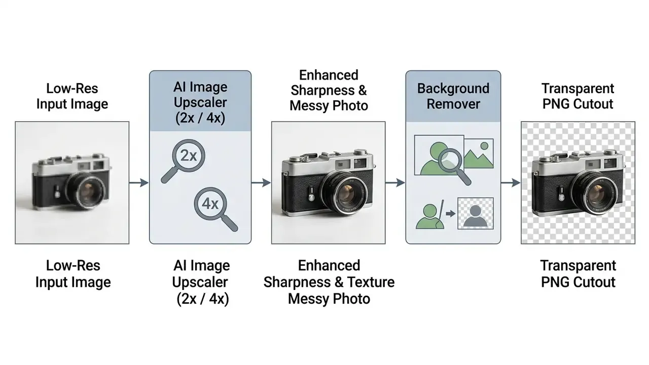 Diagram showing the progression from a low-resolution camera image to an upscaled and background-removed file