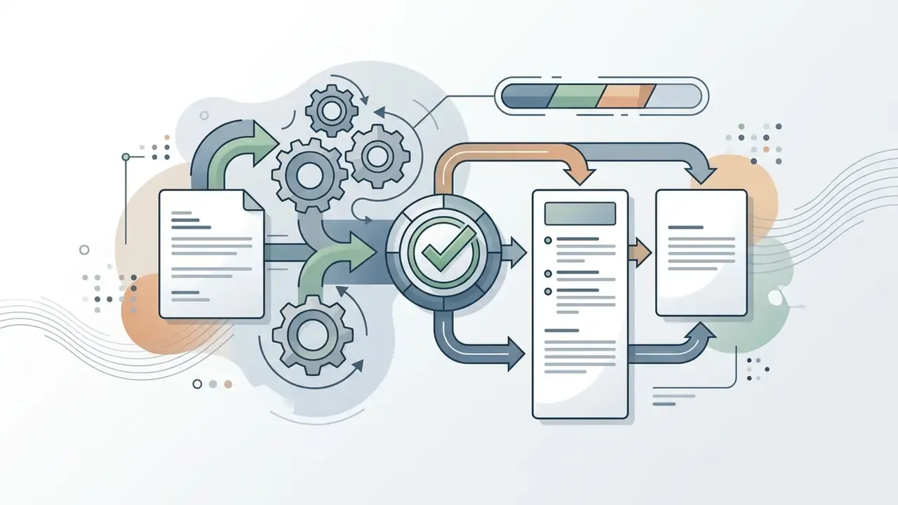 Document pages moving through a gear system and a central verification checkmark to produce a final report