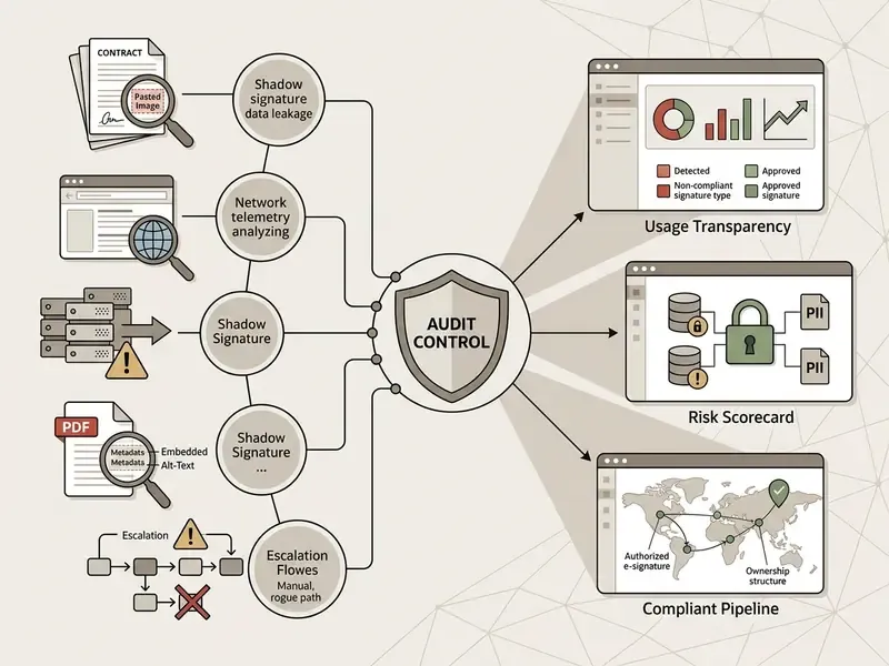 Diagram showing audit control processes for identifying signature data leakage and compliance risks