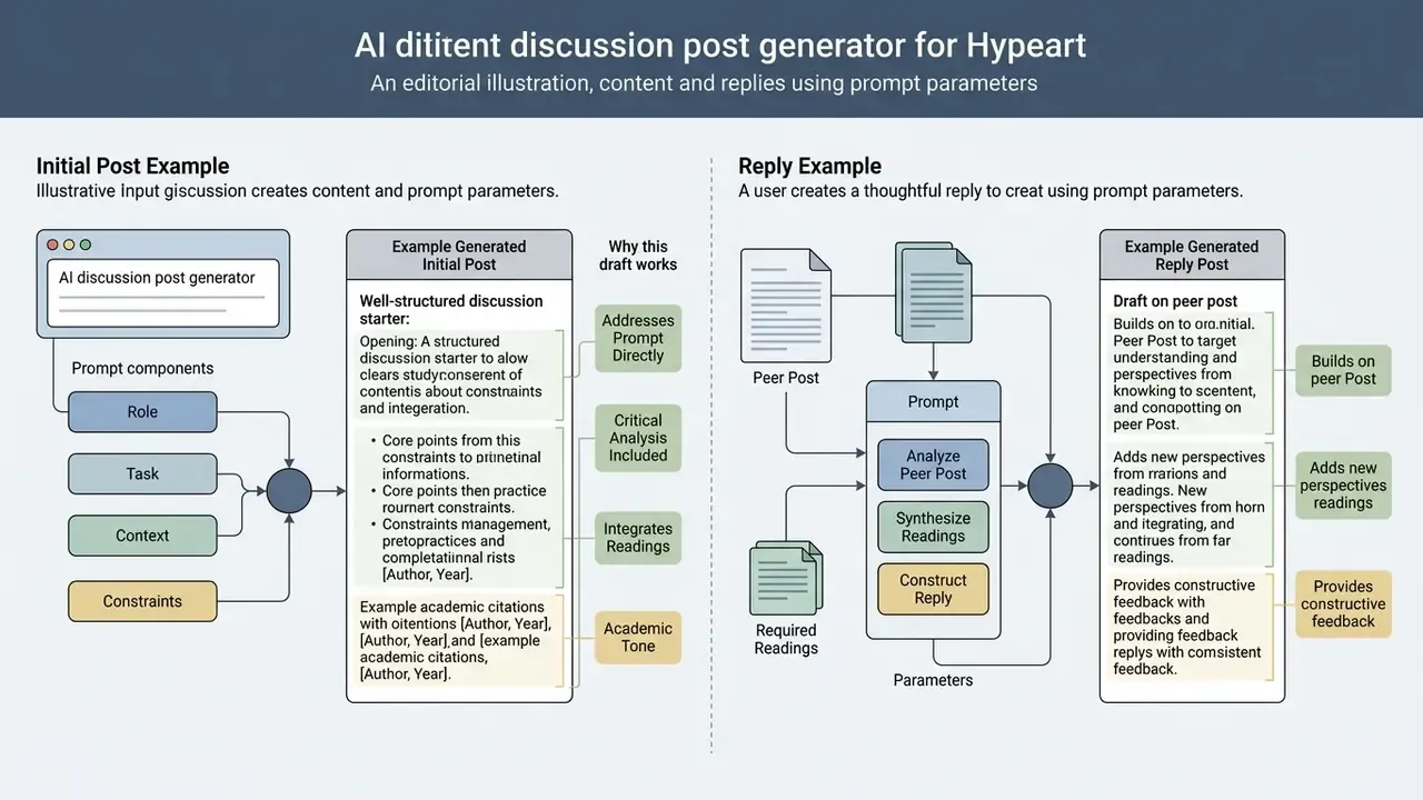 Infographic comparing prompt structures for an AI discussion post generator for initial posts and replies