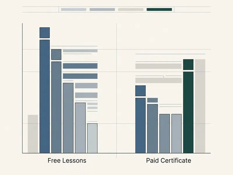 Bar chart comparing feature access levels between free video editing course lessons and paid certificates