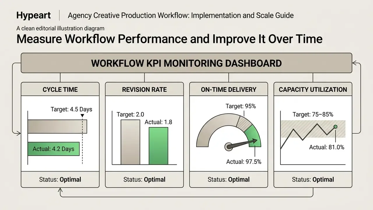 KPI dashboard displaying cycle time, revision rate, on-time delivery, and capacity utilization metrics
