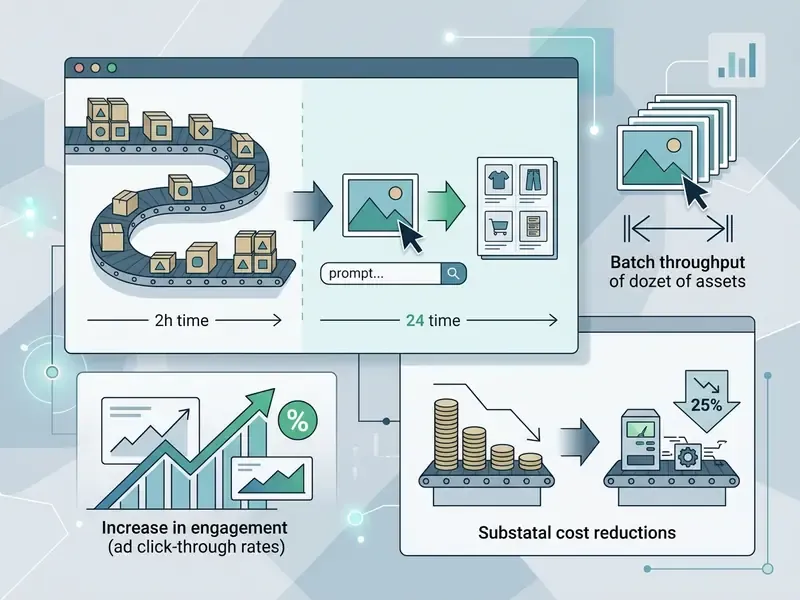 Infographic showing automated asset processing, batch throughput gains, and reduced production costs