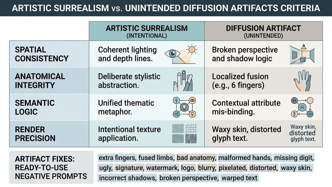 Comparison table contrasting intentional artistic surrealism with unintended diffusion artifacts