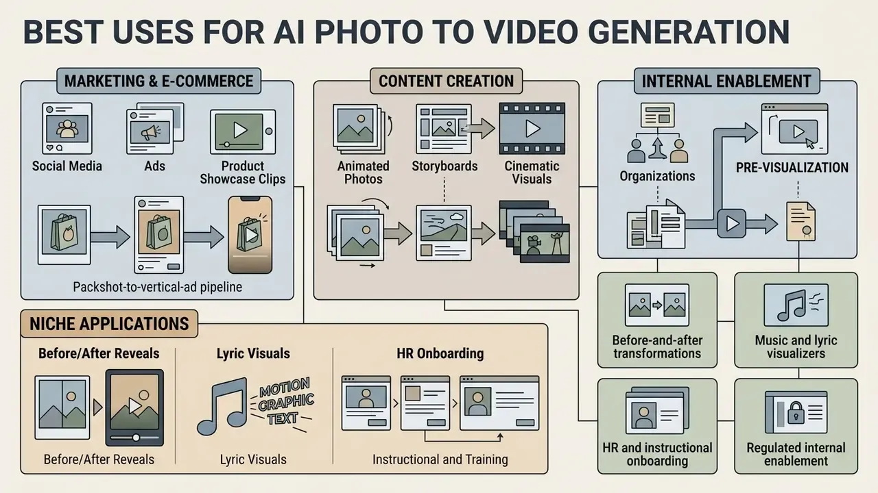 Categorized infographic detailing diverse applications for an AI image to video generator free tool