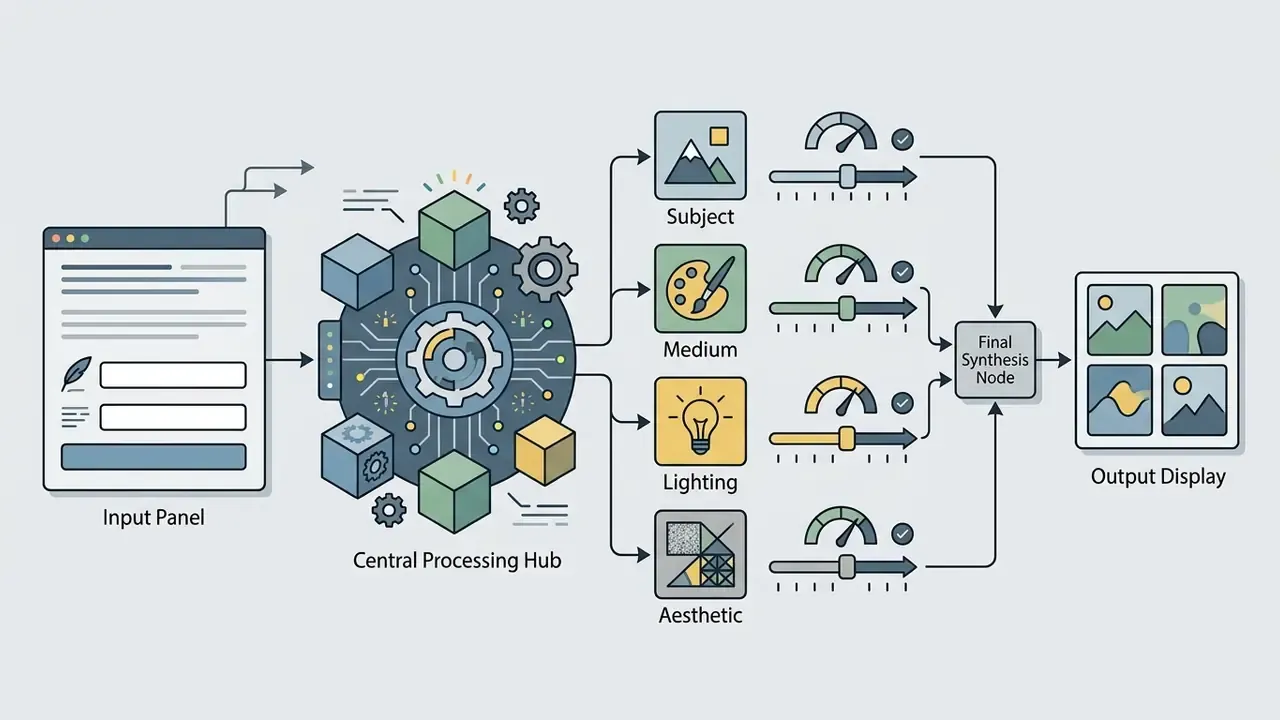 Input panel feeding a central hub that branches into four weighted categories before final synthesis