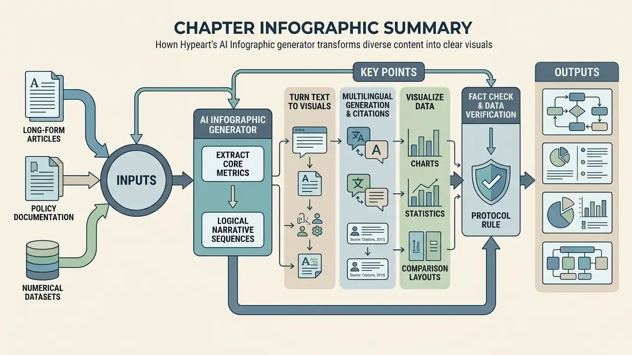 Systematic diagram showing how raw content inputs are processed into structured visual outputs
