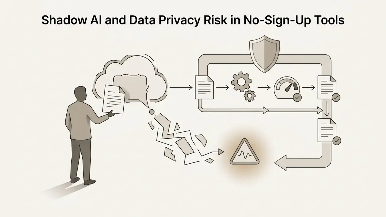 Person feeding documents into a cloud that leaks data toward a warning sign and processing loop