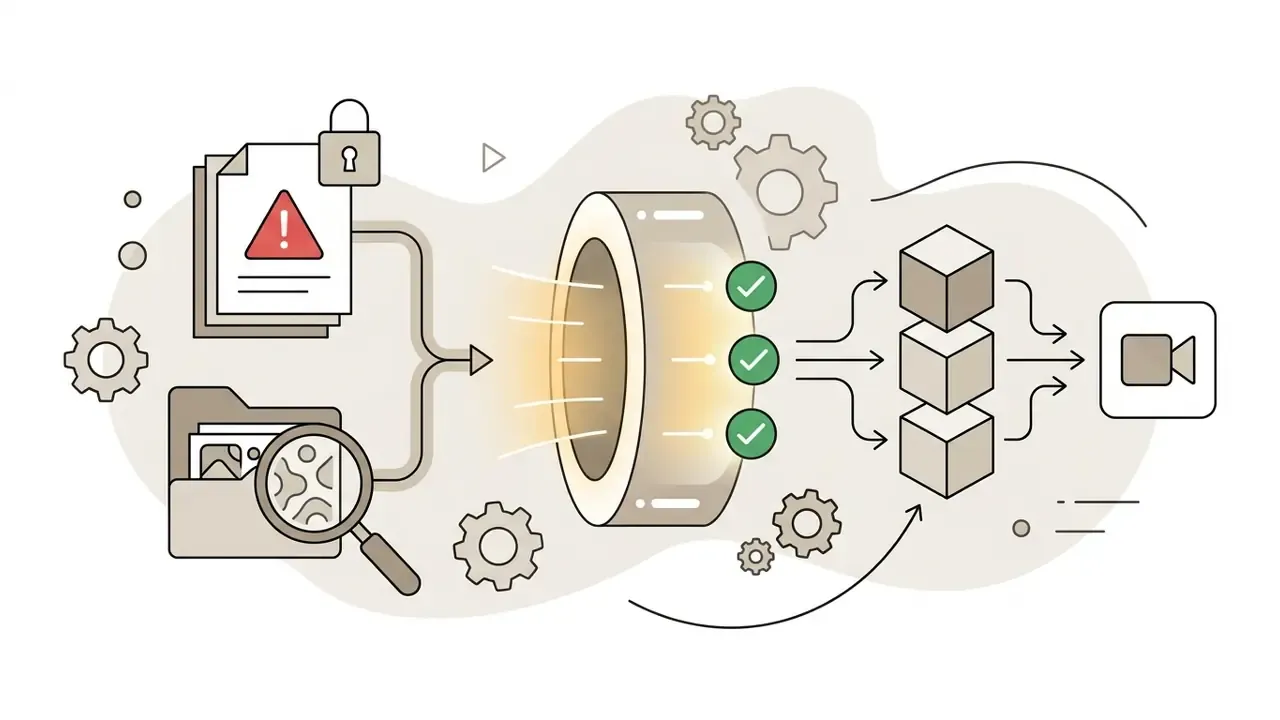 Icons of documents, a magnifying glass, and gears representing data validation before AI video generation