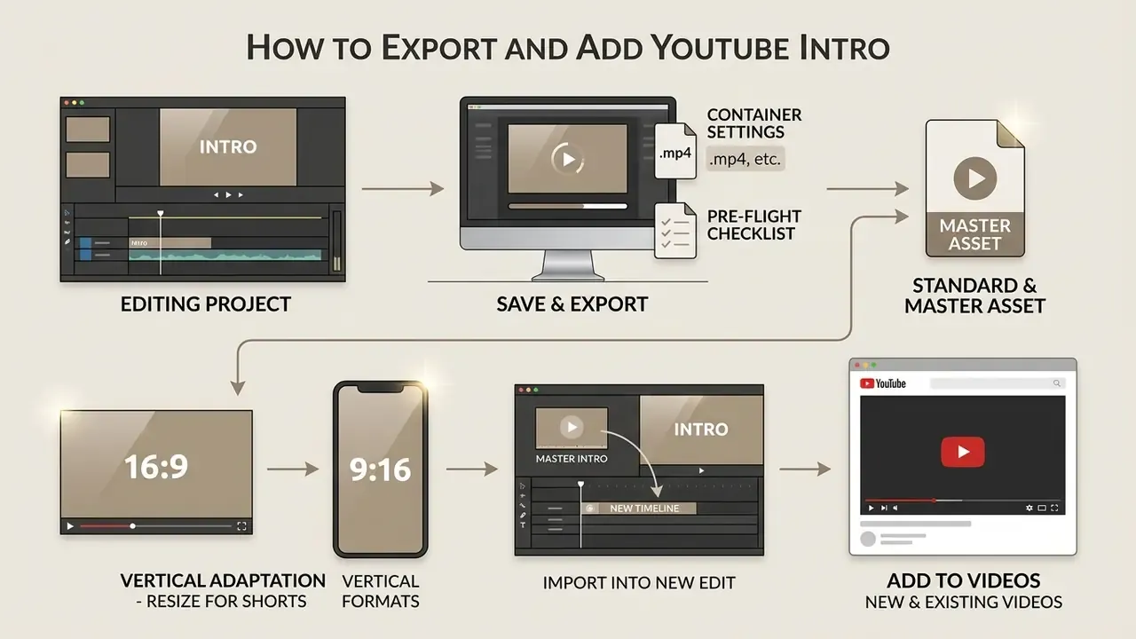 Workflow diagram showing how to save, export, resize, and add a YouTube intro to video projects