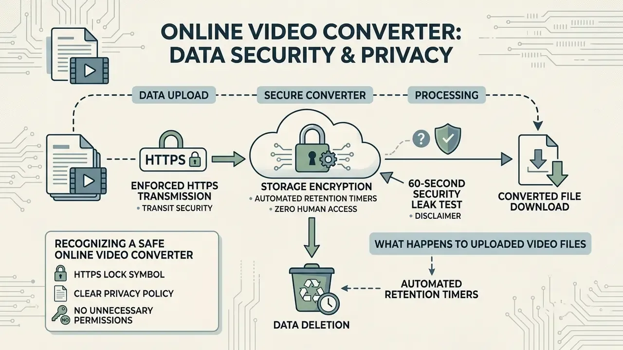 Infographic detailing data security measures for file transmission, cloud storage encryption, and deletion