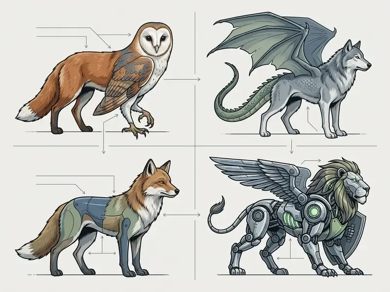 Grid of four stylized animal hybrids including a fox-owl, winged wolf, robotic fox, and mechanical lion