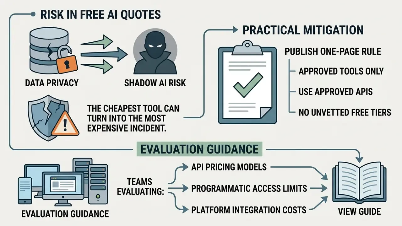 Infographic showing data privacy risks and mitigation strategies alongside guidance for evaluating API tools