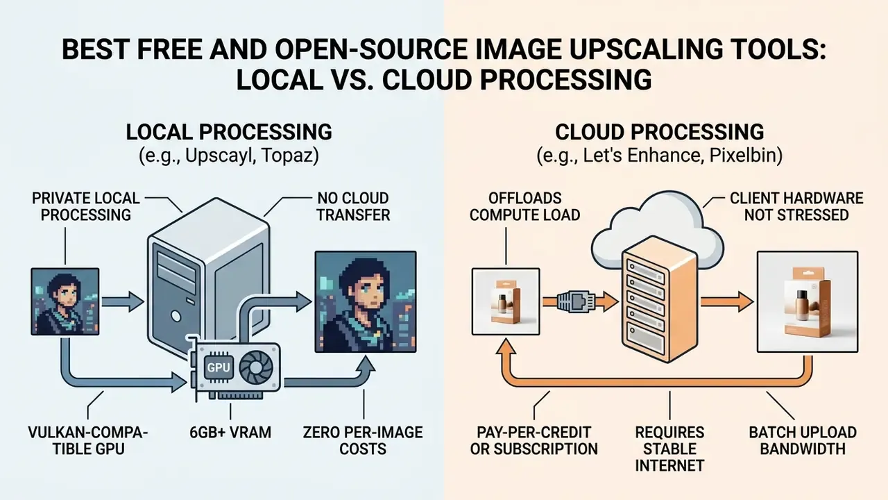 Split diagram contrasting local GPU image processing with cloud-based server upscaling workflows