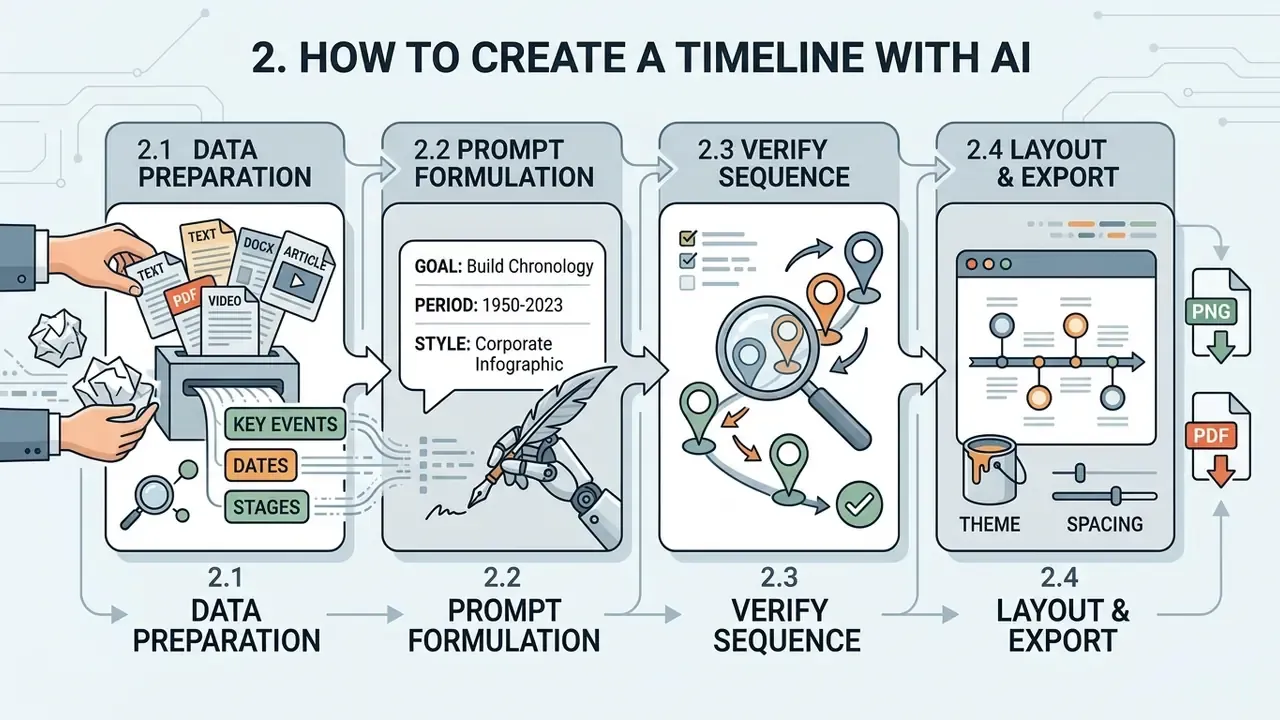 Four sequential steps for using an AI timeline generator from data preparation to final export