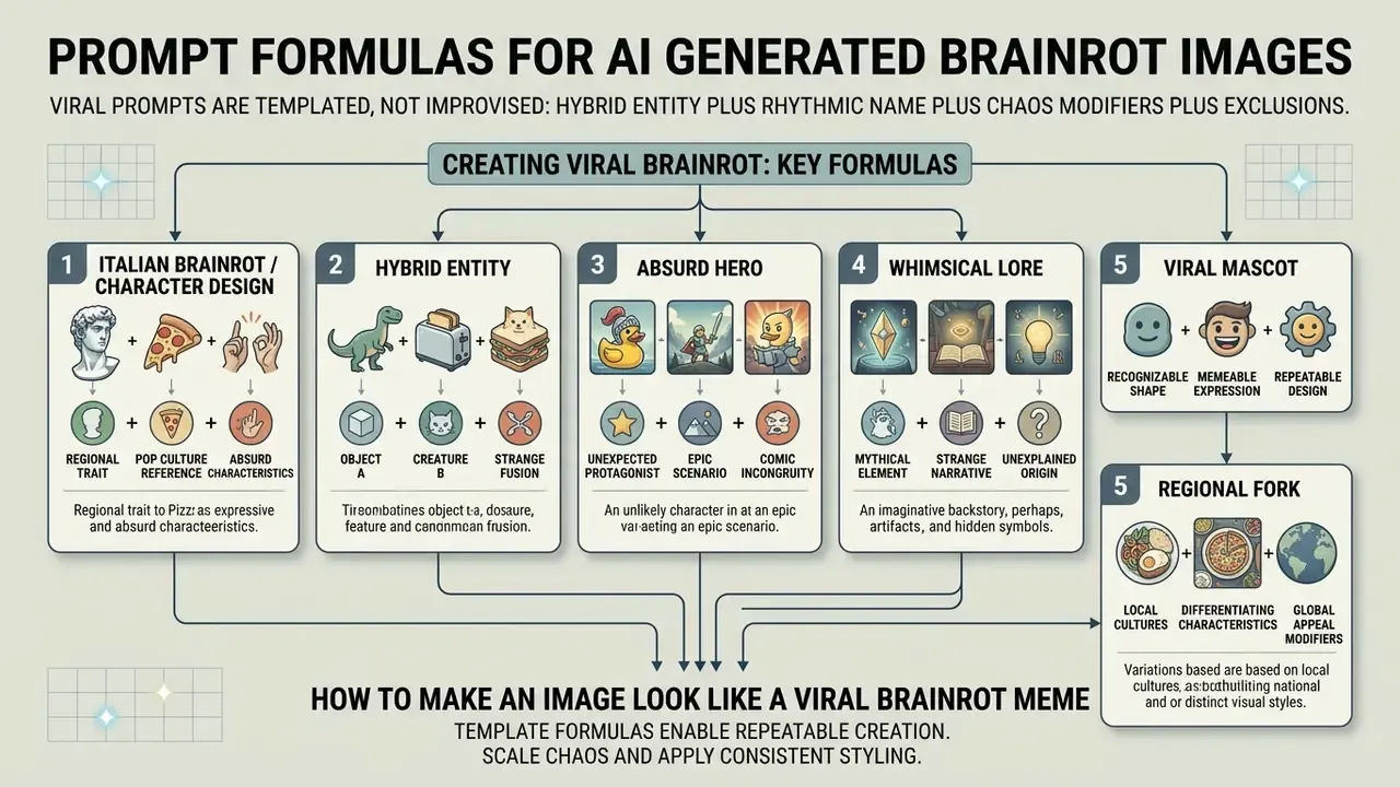 Structured diagram outlining five distinct prompt formulas for generating viral digital content