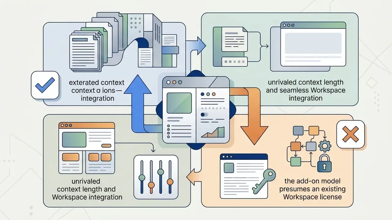 Documents and browser windows cycle through a hub to illustrate Workspace integration and license needs