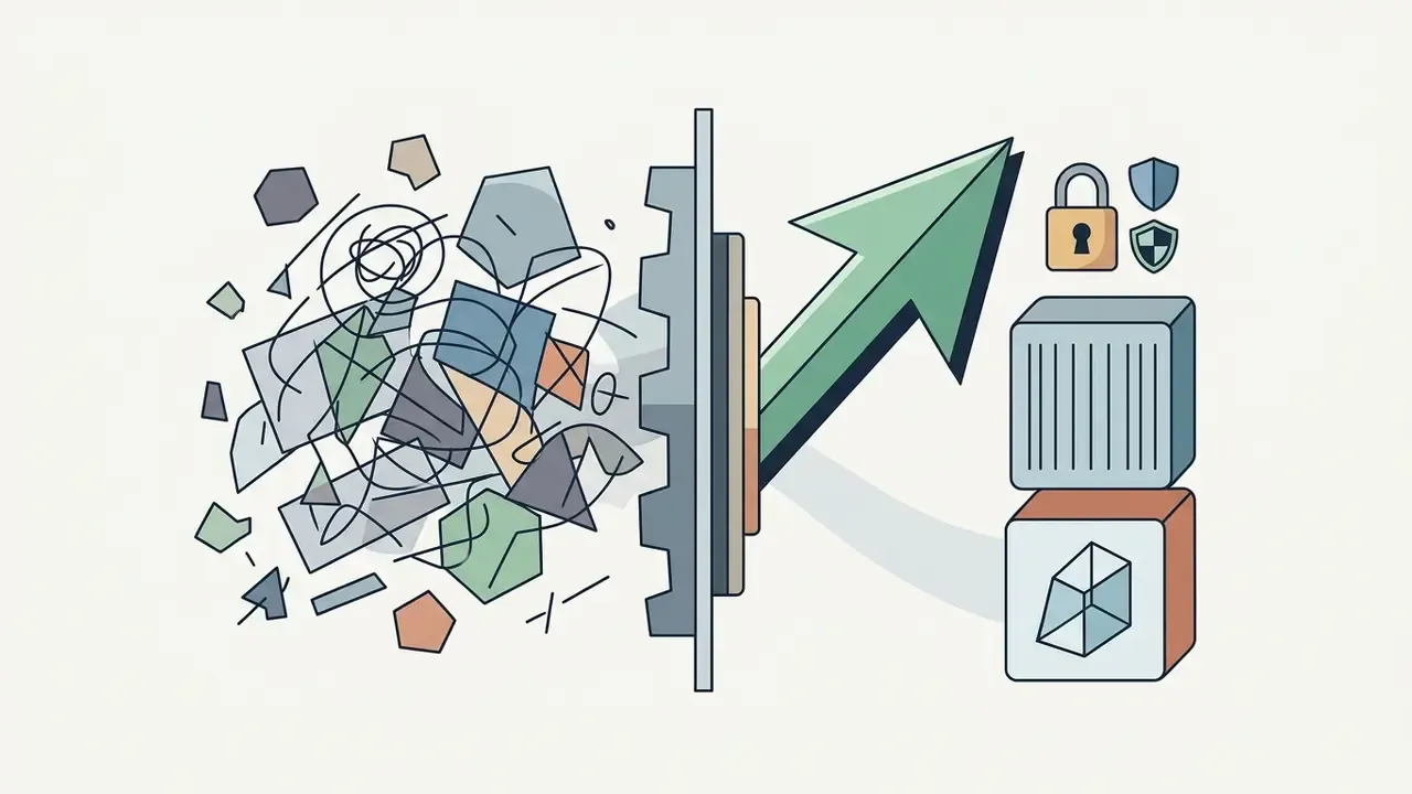 Chaotic geometric shapes passing through a gear mechanism to emerge as organized blocks and security icons