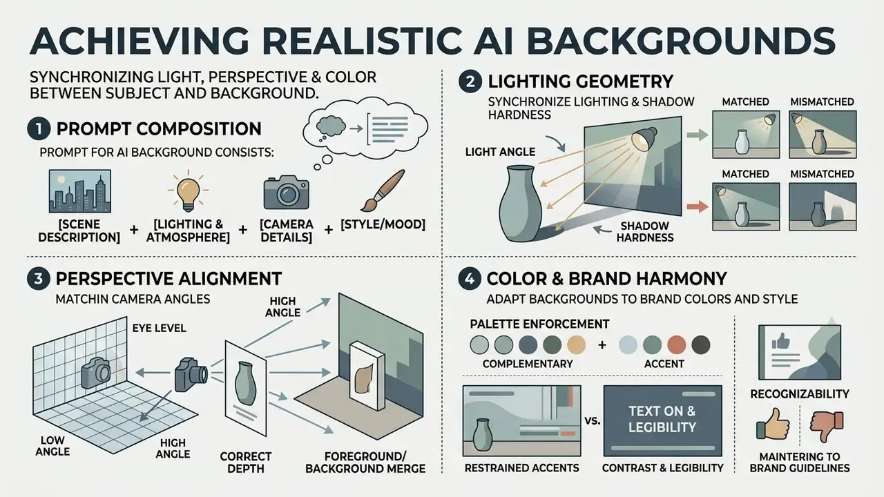 Four-part diagram explaining how to align lighting, perspective, and color for professional visual results