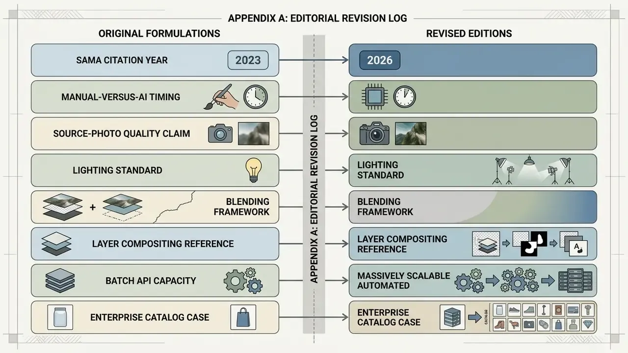 Comparison table mapping original editorial formulations to updated technical revisions and process changes