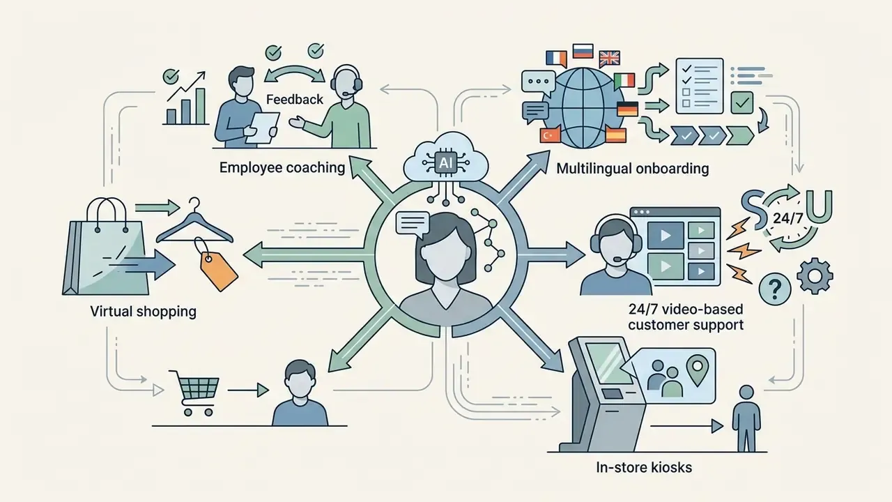 Central AI avatar connected to icons for virtual shopping, employee coaching, and customer support