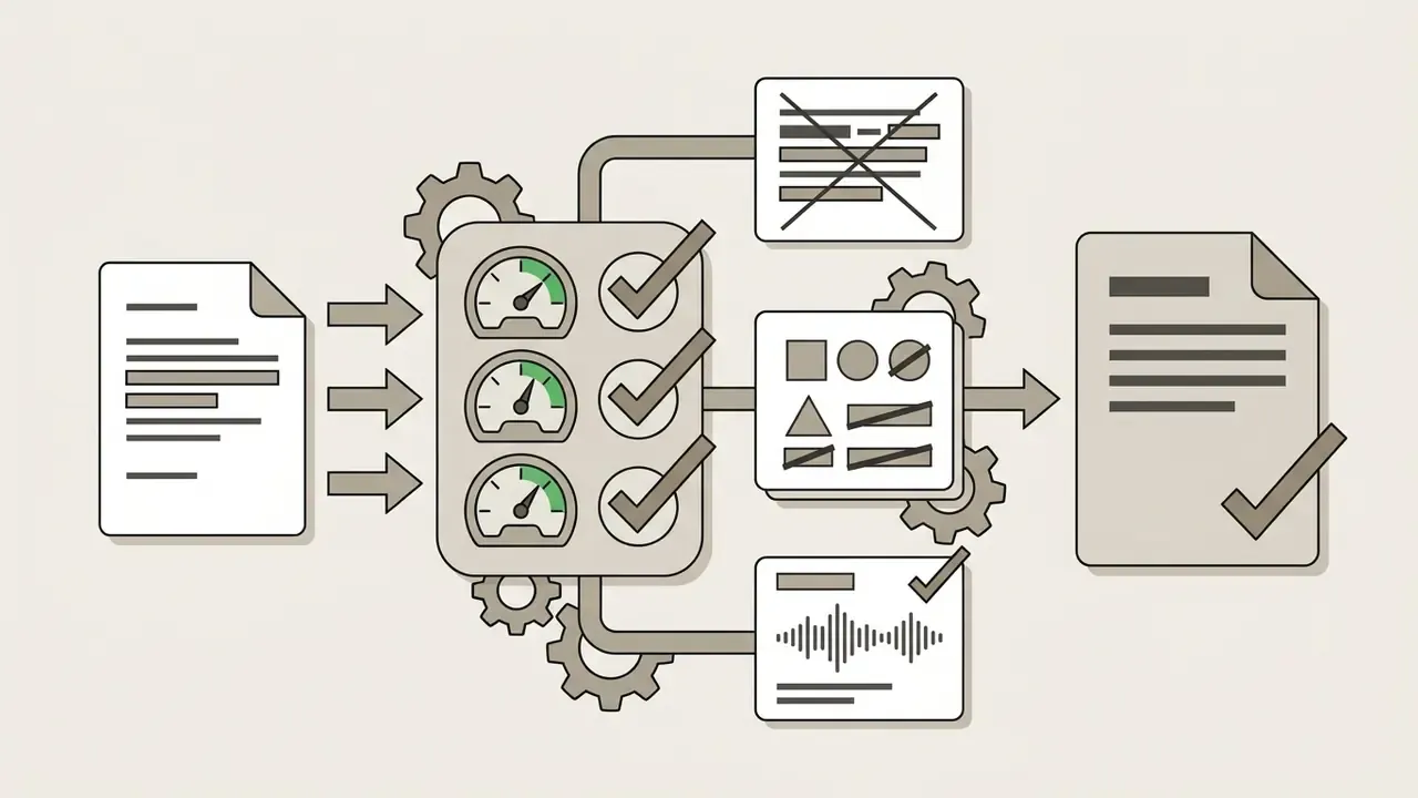 Document input flowing through a gauge processor to verify content and generate a compliant final report