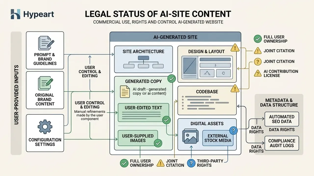 Flowchart mapping user inputs and AI components to copyright ownership and legal rights categories