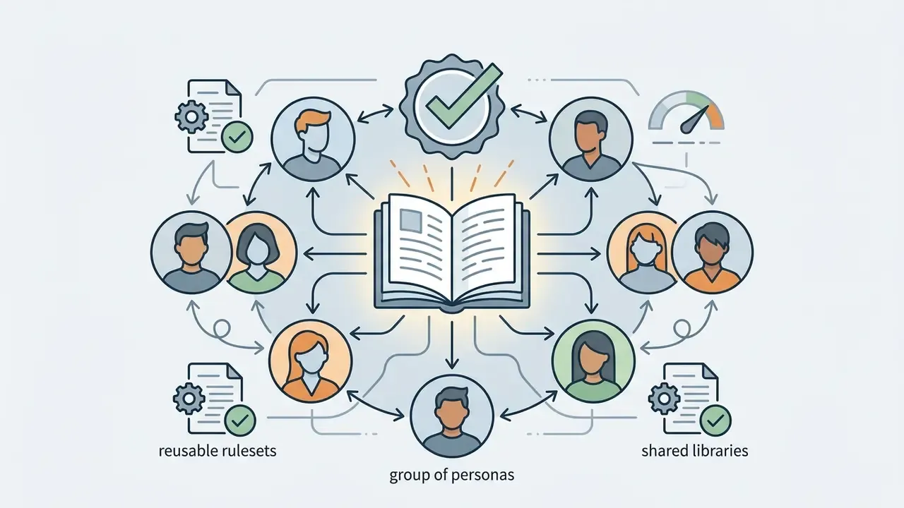 Central open book connected by arrows to various character avatars and document icons in a network