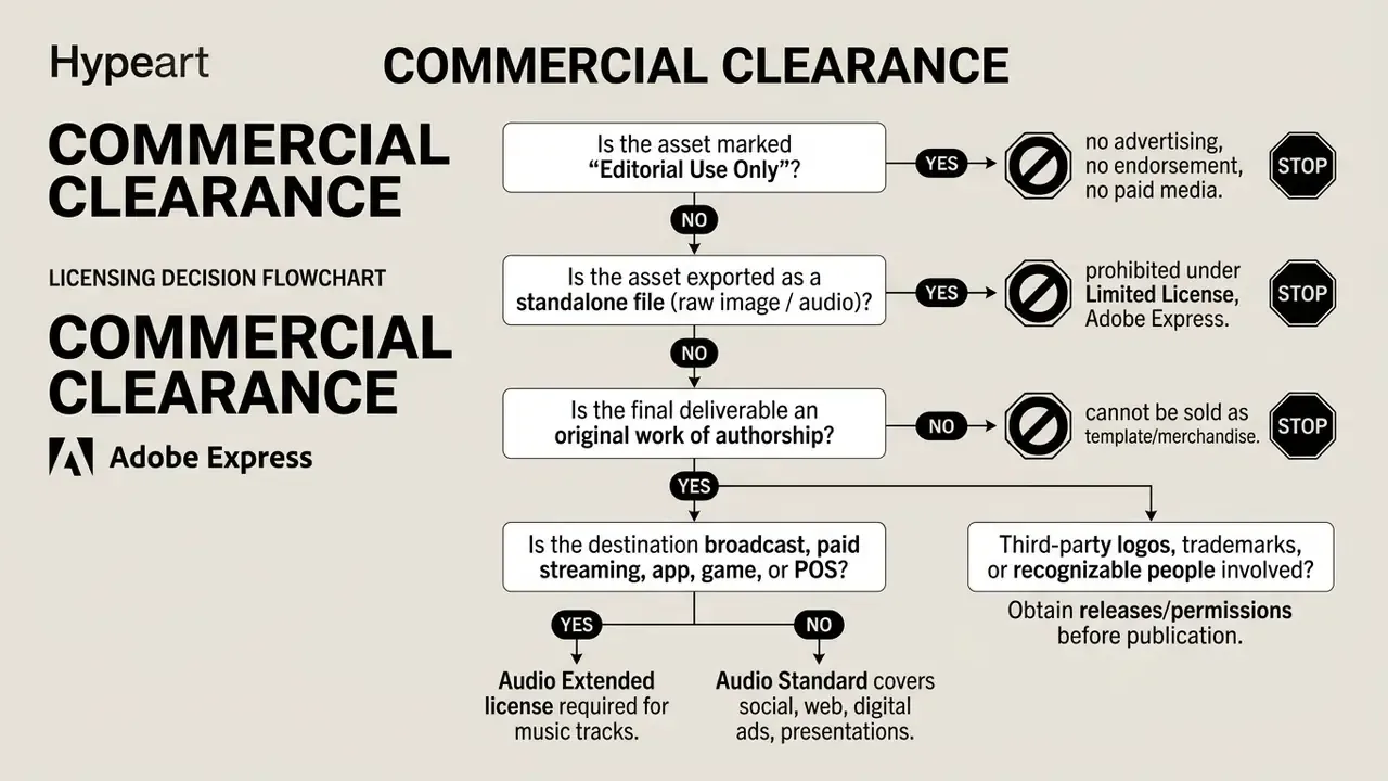 Decision tree diagram for determining commercial clearance requirements for digital media assets