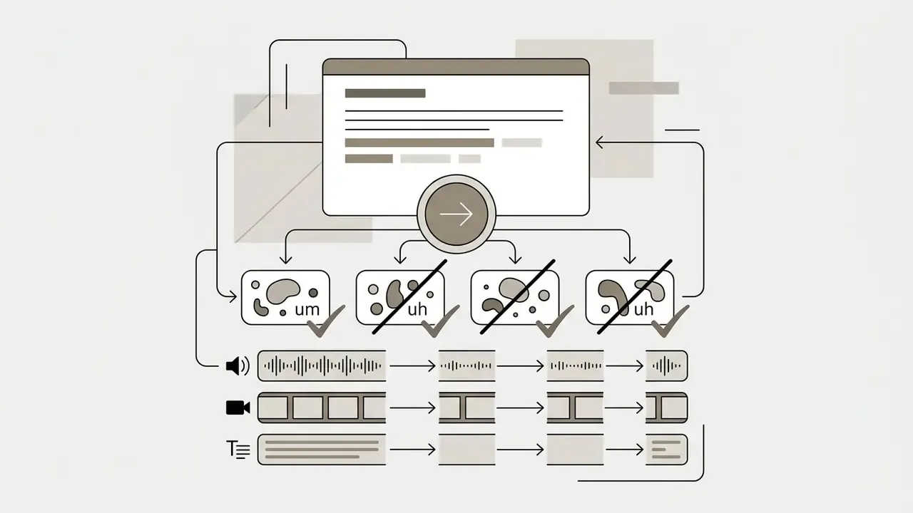 System removing filler words from audio and video tracks to streamline the Pictory AI editing process