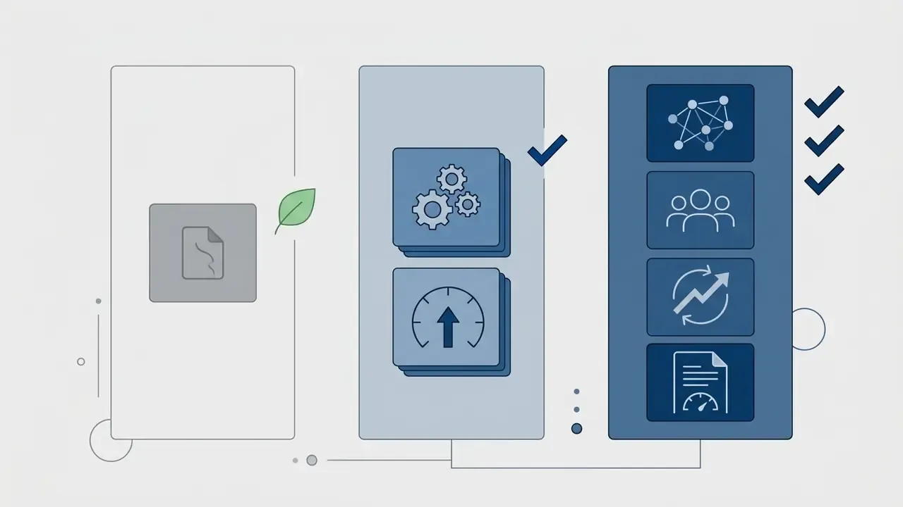 Three vertical panels showing progression from basic file input to complex team and performance tools