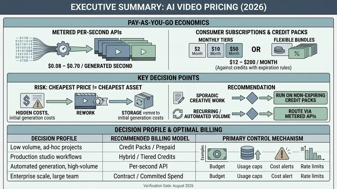 Infographic comparing Pay-As-You-Go AI video pricing models, risks, and recommended billing strategies