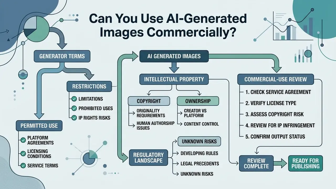 Decision tree summarizing legal considerations, intellectual property, and commercial review steps for AI images